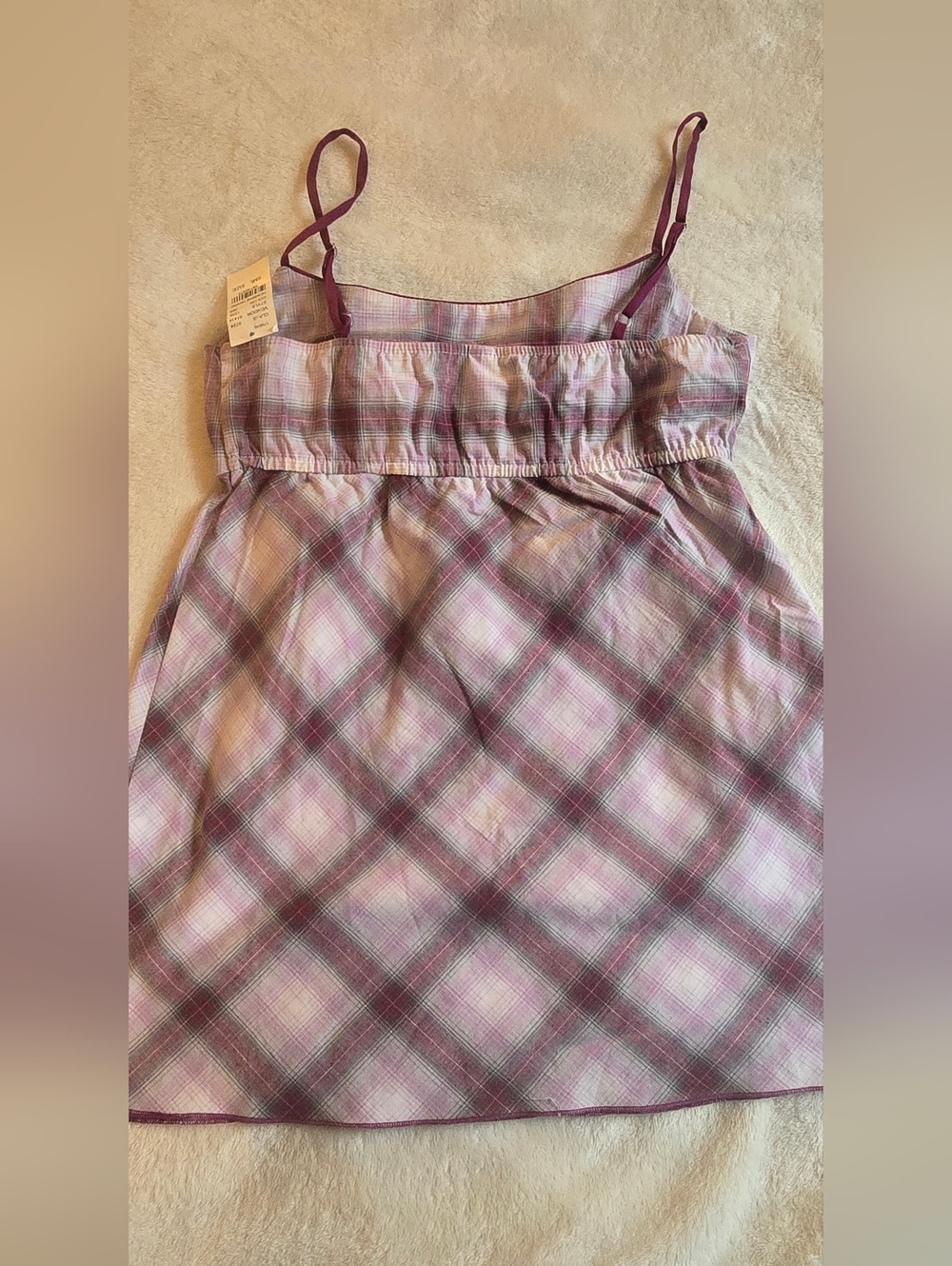 NWT Y2k Vtg Babydoll Empire Spaghetti Strap Tank Top Maroon Burgundy Plaid XS/S - Picture 3 of 7